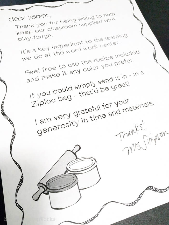 Parent Volunteer Letter to Make Classroom Playdough in Kindergarten