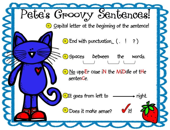 73 Cool Pete the Cat Freebies and Teaching Resources :: KindergartenWorks - Sentence Editing Chart