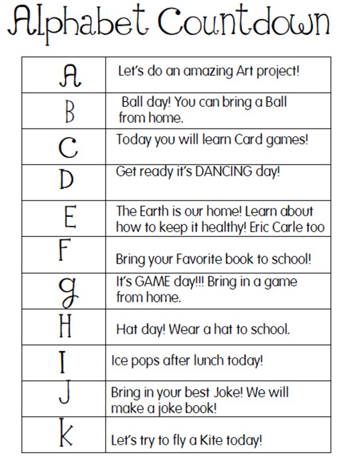 14 Calendari ABC Countdown - idee per il conto alla rovescia basate sulle attività - KindergartenWorks
