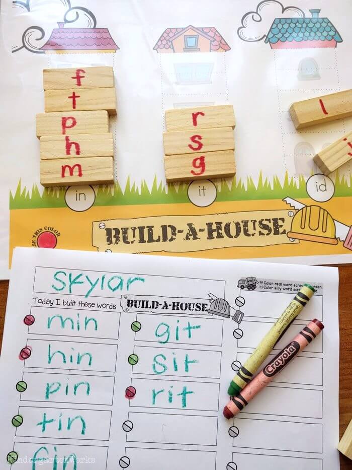 Build-a-House Onset and Rime Activity (CVC Word Building) with recoding sheet for kindergarten