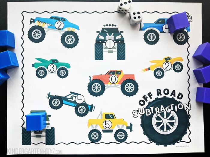 Free Monster Truck Theme Subtraction Within 5 Game for Kindergarten