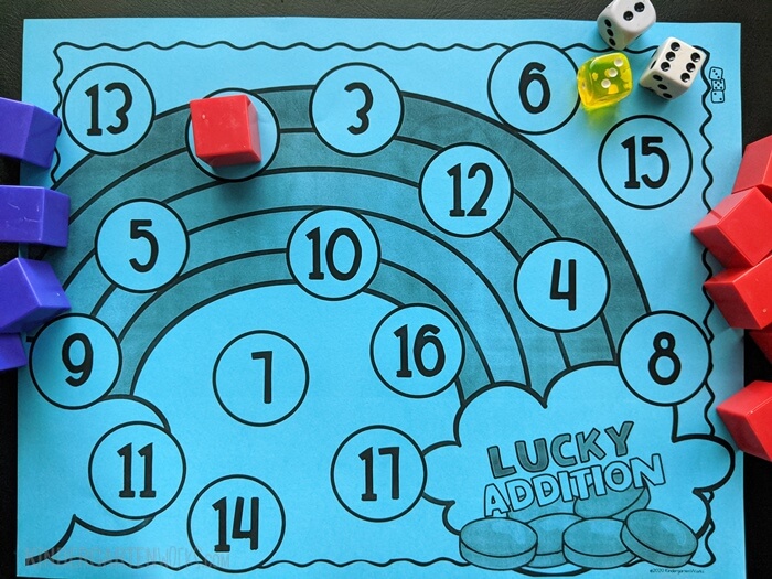 free Lucky rainbow addition bump game for kindergarten with 3 dice