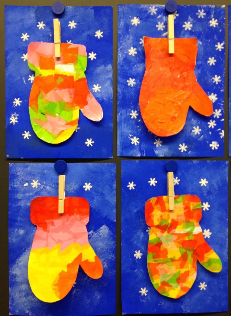 Warm and cold colors mitten art project
